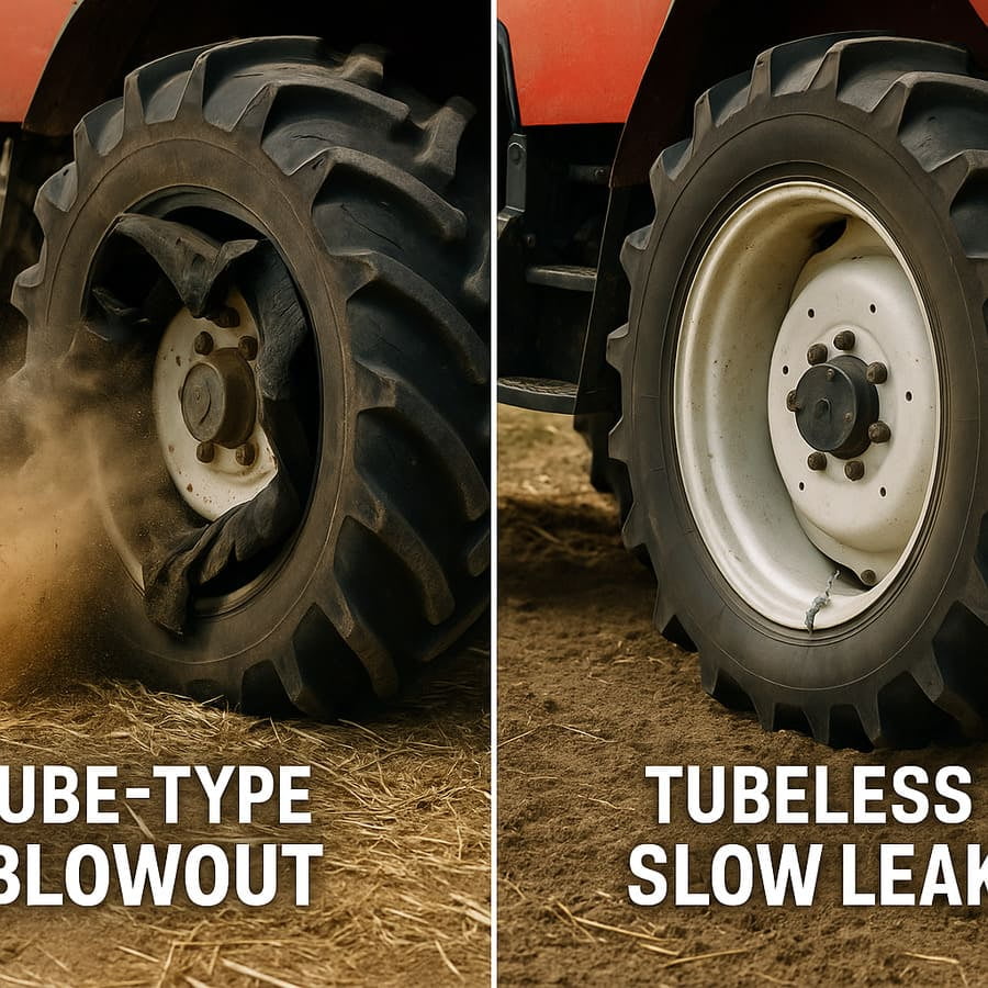 A side-by-side comparison diagram showing a tube-type tire blowout versus a tubeless tire slow leak.