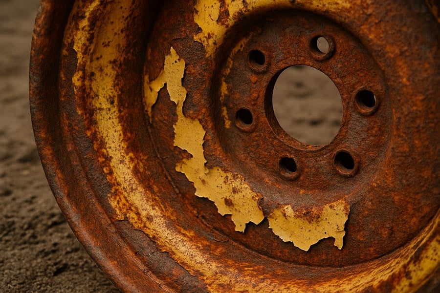 An image of a heavily rusted and peeling agricultural rim painted with wet paint.