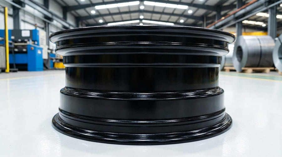 An industrial robotic arm performs a precise weld on a steel rim in a factory setting.