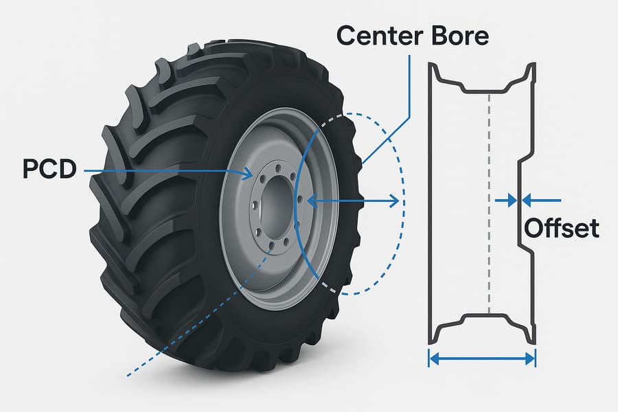 An infographic visually explaining PCD, center bore, and offset on an agricultural wheel.