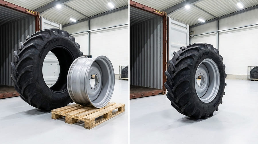 A side-by-side comparison showing loose tires and rims versus a compact, assembled wheel.