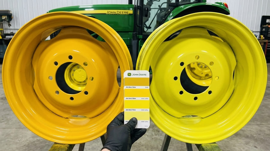 A close-up shot contrasting an authentically colored rim with a poorly matched generic one.