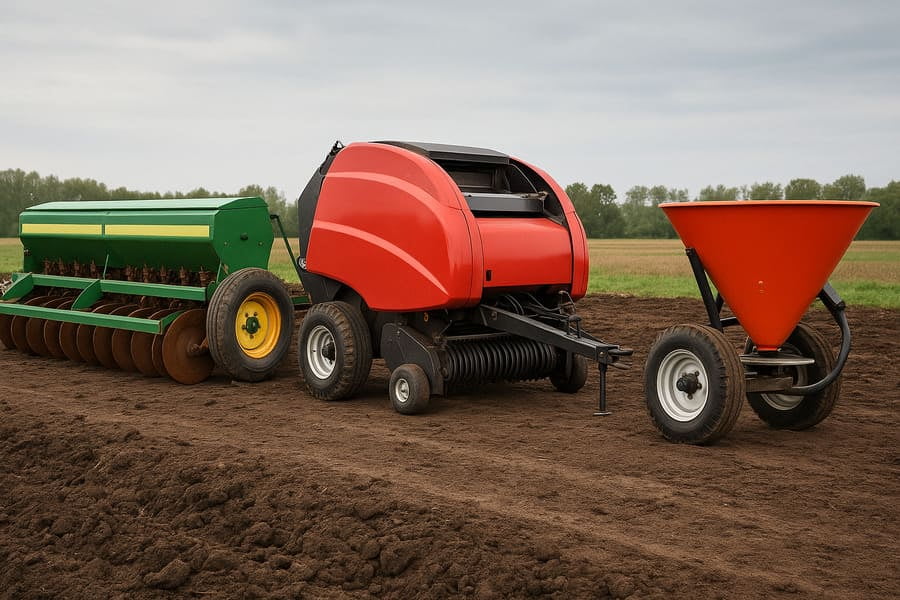 An image showcasing various farm implements like a seeder, baler, and spreader, all using small wheels.