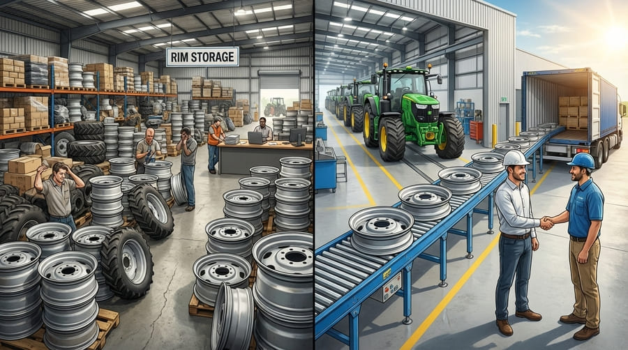 A forklift delivering a pallet of steel rims directly to a tractor assembly line.