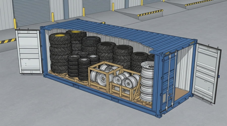 A diagram showing a shipping container being filled with different sizes and types of tires and wheels.