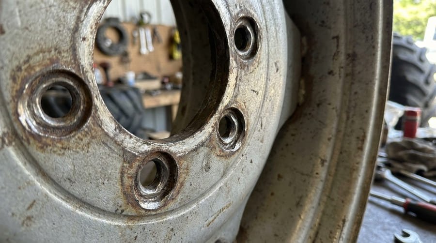 A close-up view of elongated and damaged bolt holes on a heavy-duty rim.