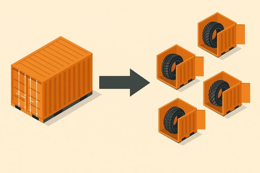 A logistics diagram showing one large order being split into multiple smaller shipments over time.
