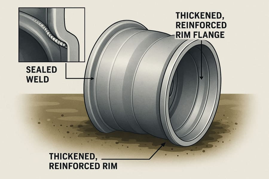 A detailed diagram or cutaway view showing the sealed weld and the extra thickness of the rim flange.
