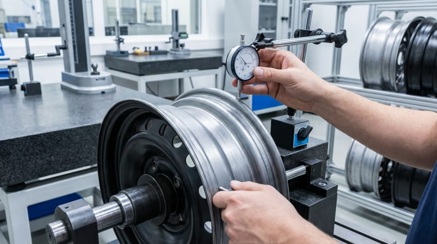 A quality control engineer using precision instruments to measure the run-out on a newly manufactured rim.