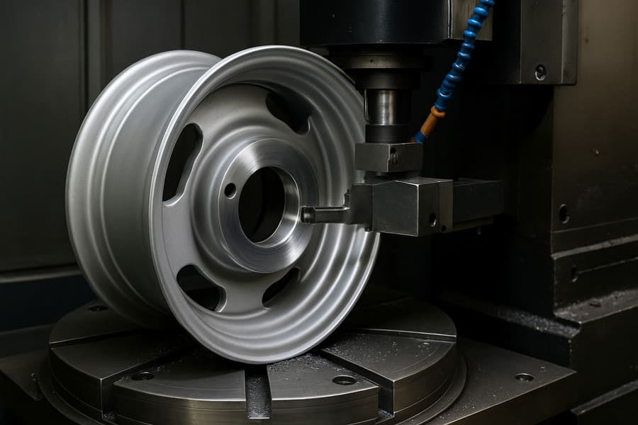 Video or image of a CNC vertical lathe precisely machining the center bore of an agricultural wheel.