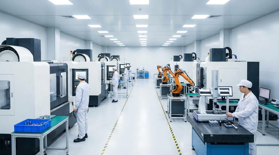 Gescomaxy factory floor with clean, automated machinery and quality control checks in progress.