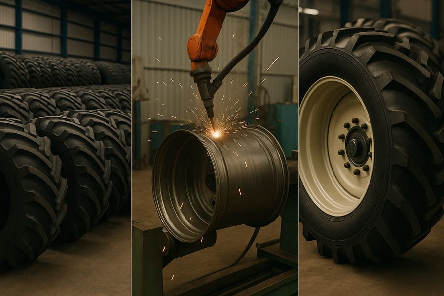 A fast-motion-style image or collage showing the key stages: warehouse tires, workshop welding, and final assembly.
