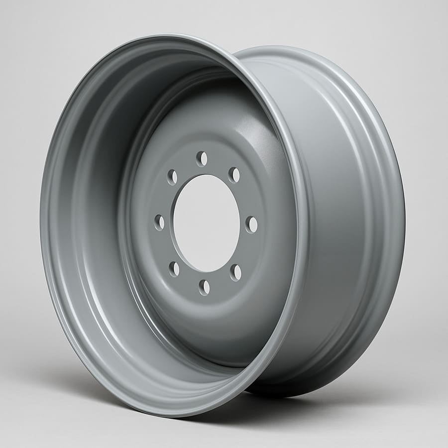 A clear image of a modern single-piece drop center agricultural rim, emphasizing its solid, one-piece construction.