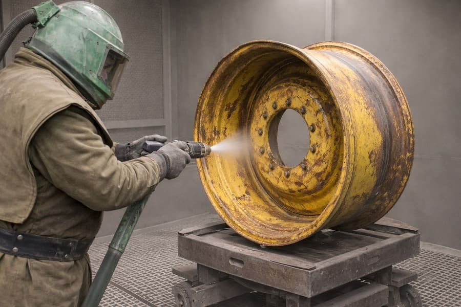 A workshop photo showing the labor-intensive process of sandblasting an old, rusty rim.