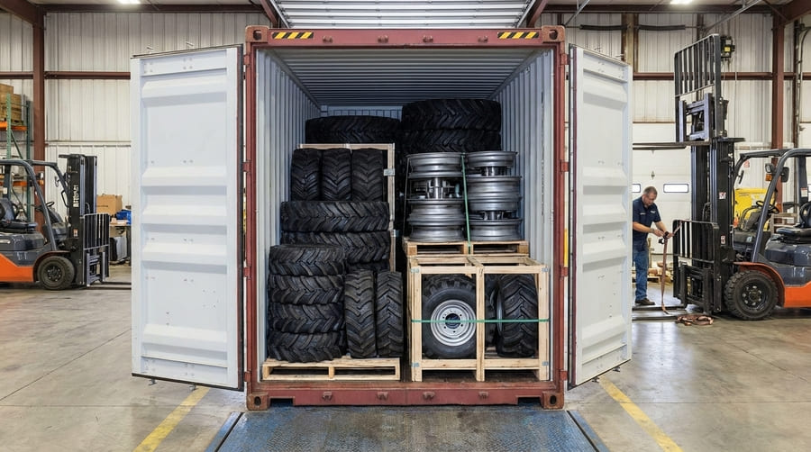 A diagram showing a mix of tires, wheels, and assemblies fitting into one container shape.