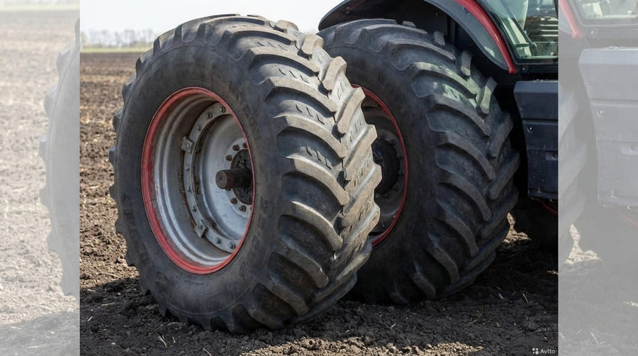 A close-up of a dual-wheel setup on a large tractor, showing the rims and tires working together.