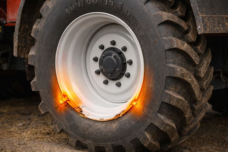 An image illustrating the stress points on a wide tire, like a 400/60-15.5, mounted on a rim under load.