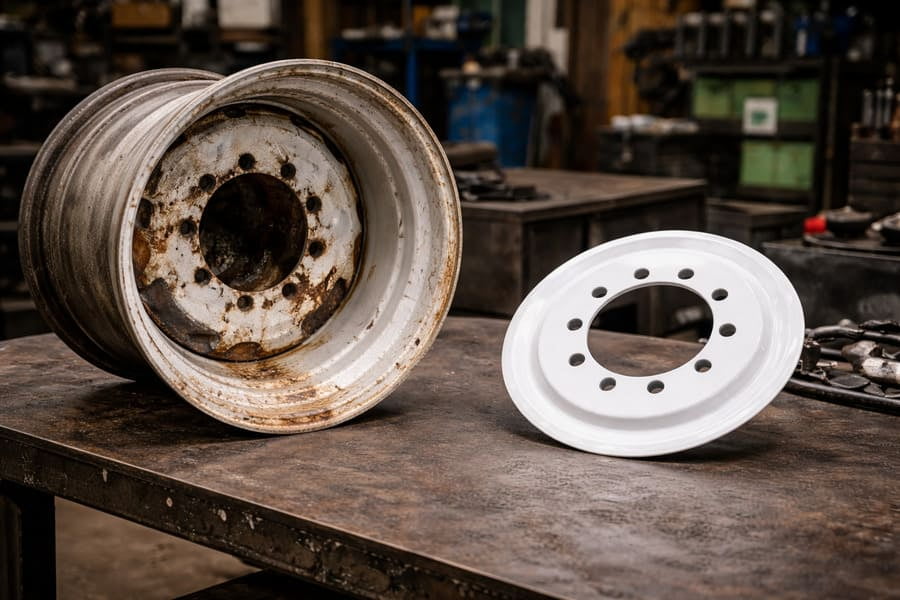 A photo comparing the small size of a center disc to the large, heavy complete rim assembly.