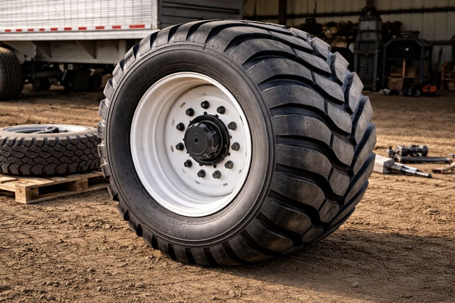 An image showing a new agricultural wheel with a 10-stud truck bolt pattern, ready for retrofitting.