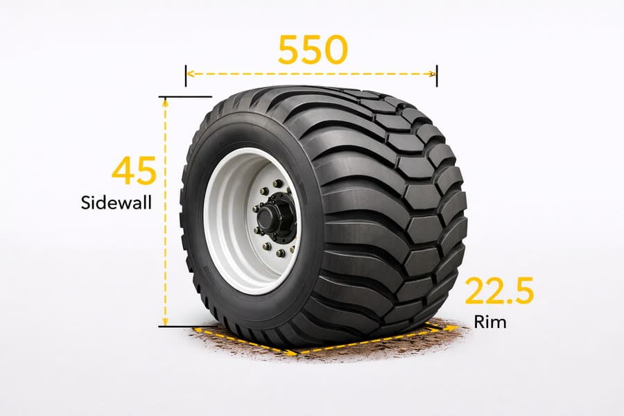 A diagram of a flotation tire with arrows pointing to its width, sidewall, and rim, labeled with the numbers from a size example.