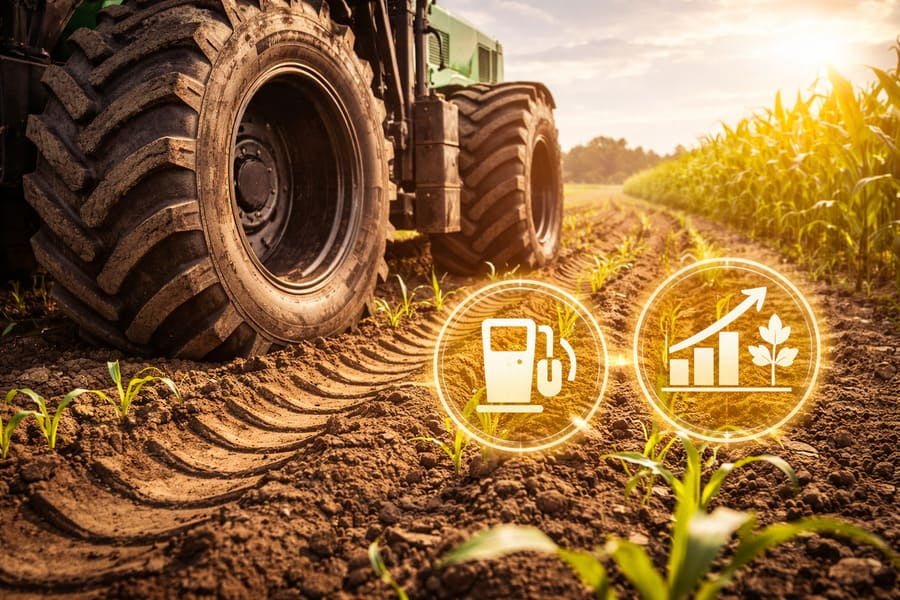 A VF tire with a large footprint in a field, with icons showing fuel savings and increased crop yield.