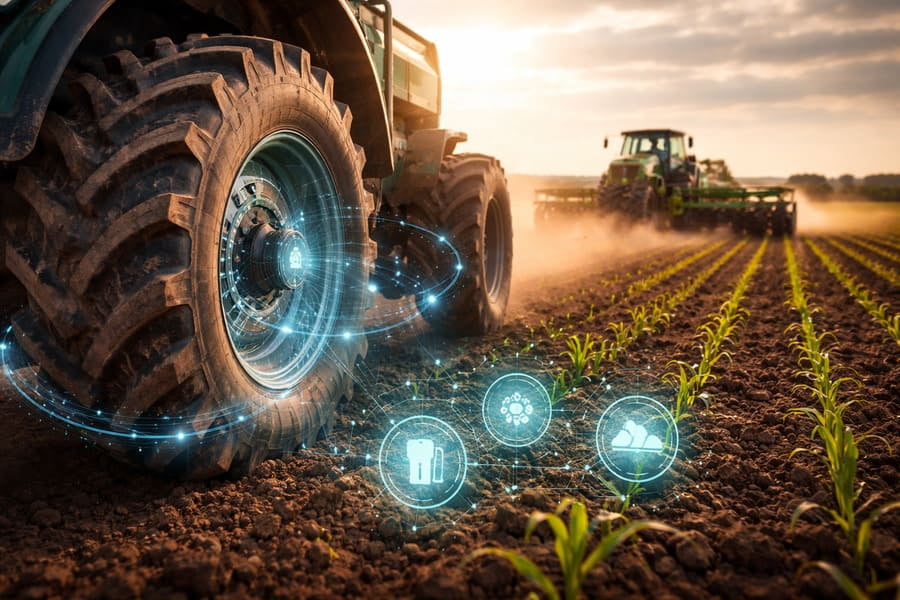 A tractor in a field with sensor lines radiating from the tires, illustrating precision data collection.