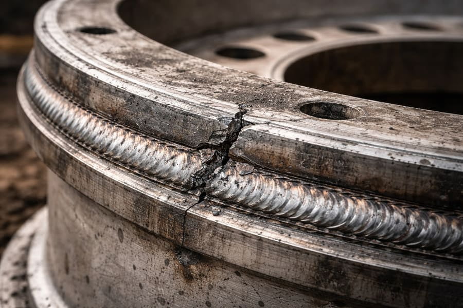 A detailed macro shot of a weld seam on a heavy-duty steel OTR rim