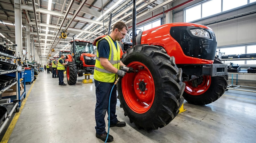 A fast-moving OEM production line where a worker effortlessly bolts a complete wheel assembly onto a new tractor.