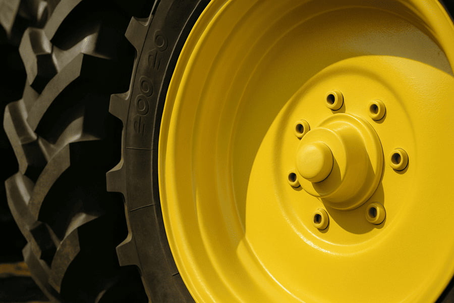 A close-up of a pristine, corrosion-free paint finish on a new agricultural wheel.
