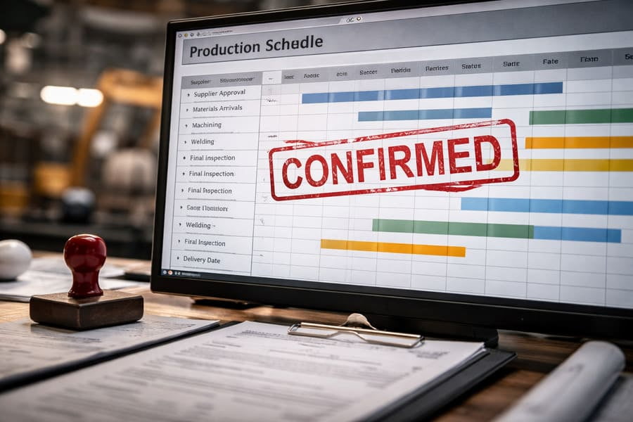 A production schedule chart on a screen with a "Confirmed" status stamp