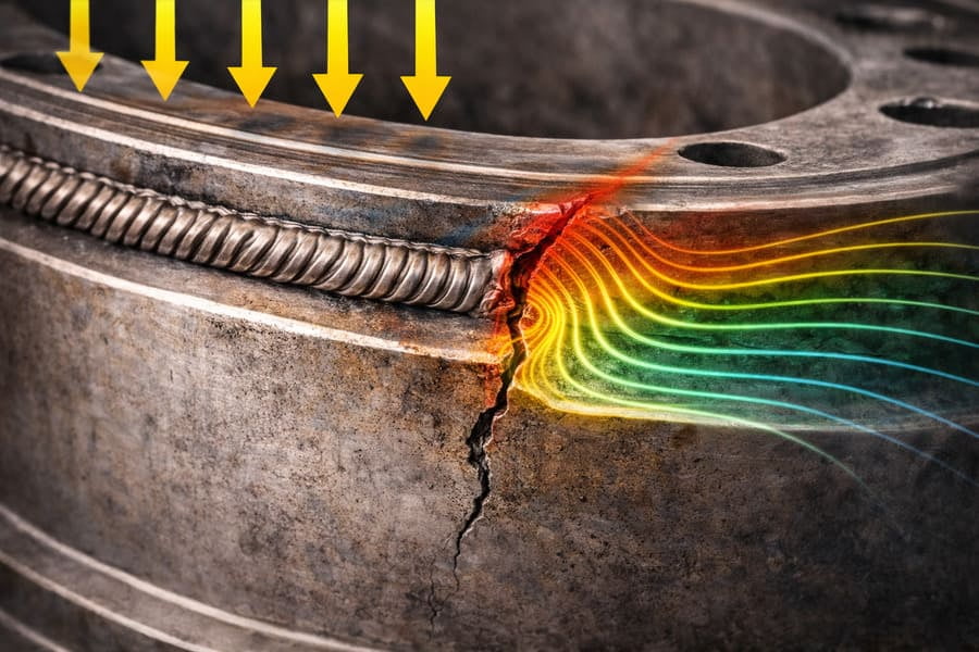 An animation showing load forces bypassing a weld and concentrating in the adjacent area