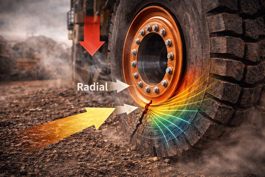 A split image showing a clean lab test on one side and a muddy, loaded OTR vehicle on the other