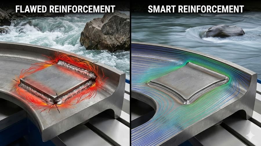 An animation showing a load path bypassing unnecessary welds on an OTR rim, highlighting the heat-affected zones in red
