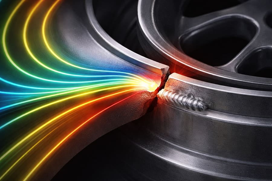 An animation showing stress flowing incorrectly through a wheel's structure and concentrating at the edge of a weld