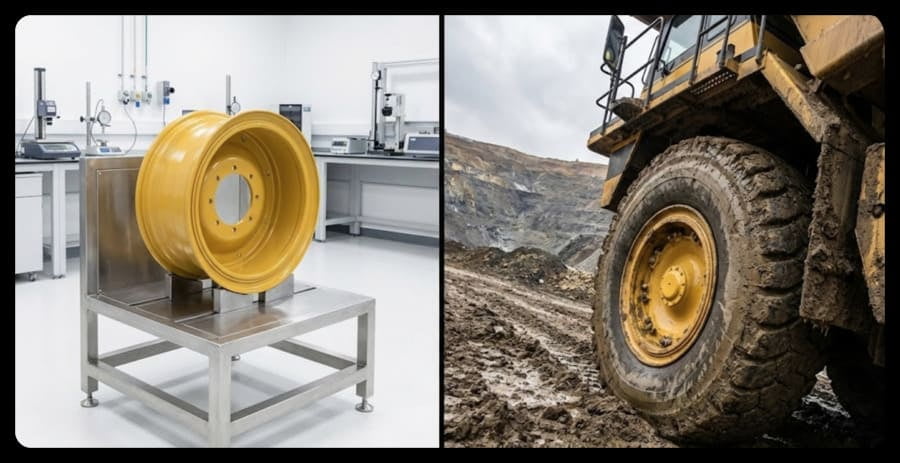 A split image showing an OTR rim in a clean lab setting vs. the same rim on a machine covered in mud on a steep slope