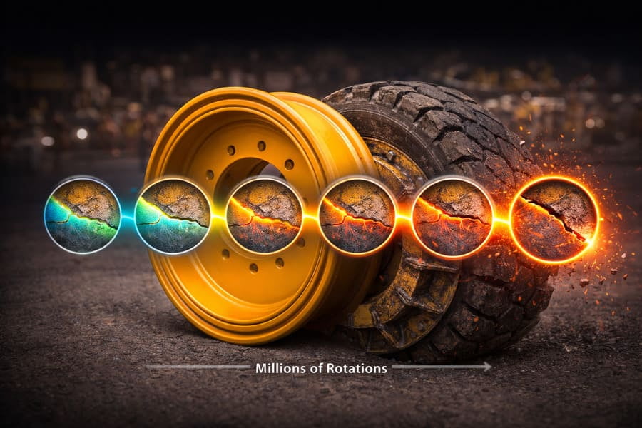 An animation showing damage accumulating in a wheel over millions of cycles