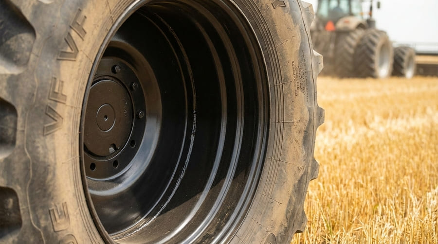 A close-up shot of a high-quality weld on a reinforced agricultural rim.