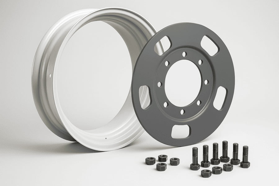 An exploded view showing a rim ring, a separate center disc, and the bolts to connect them.