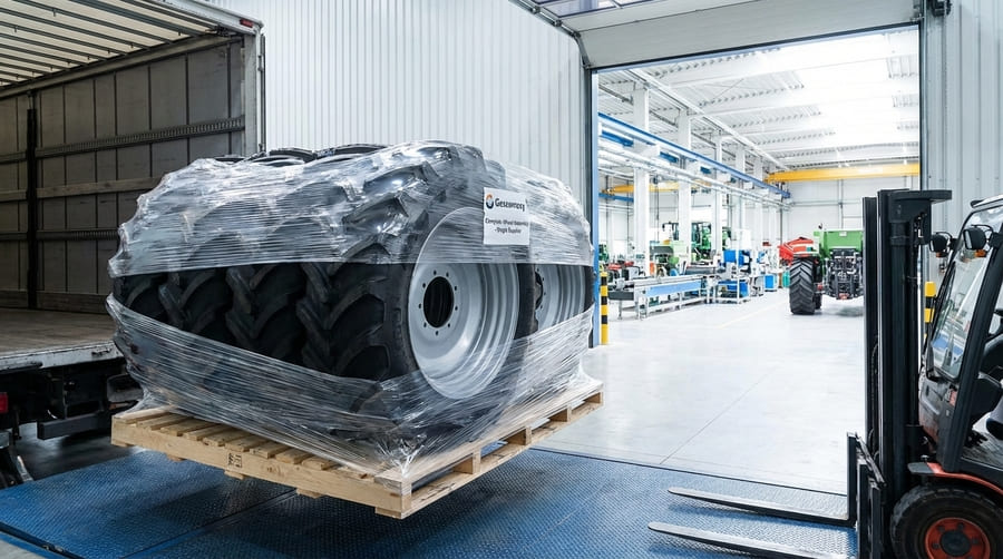 A single, neat stack of ready-to-mount wheel assemblies arriving at an OEM's facility.