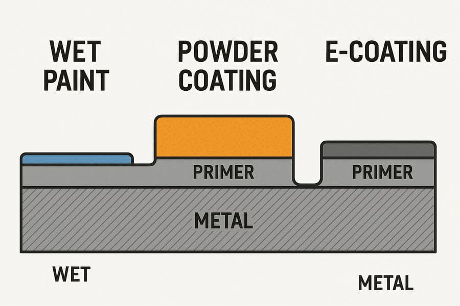 A diagram comparing the layers of wet paint, powder coating, and e-coating on a metal surface.