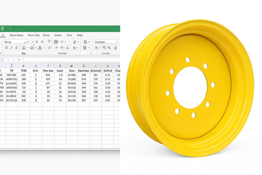 A split-screen image showing an organized Excel spec sheet on one side and a high-resolution, white-background product photo on the other.