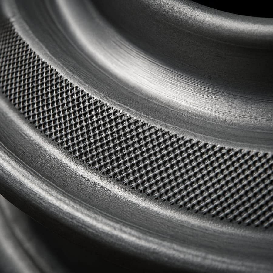 A detailed close-up shot of the knurled texture on the bead seat of a Gescomaxy wheel.