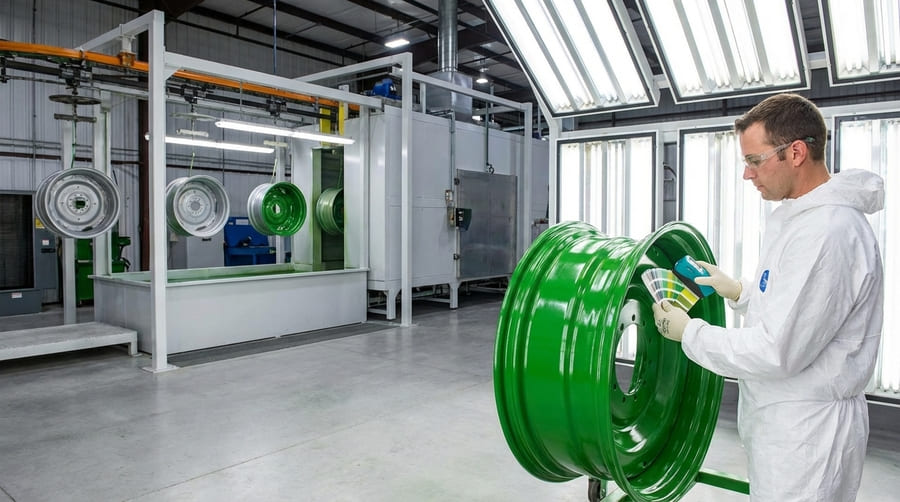 A factory worker inspecting the finish of a newly painted rim under bright lights.