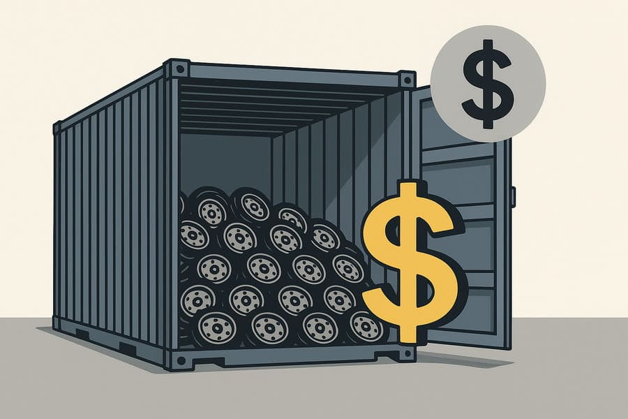 An illustration of a half-empty shipping container filled with only small wheels, with a large dollar sign representing high freight costs.