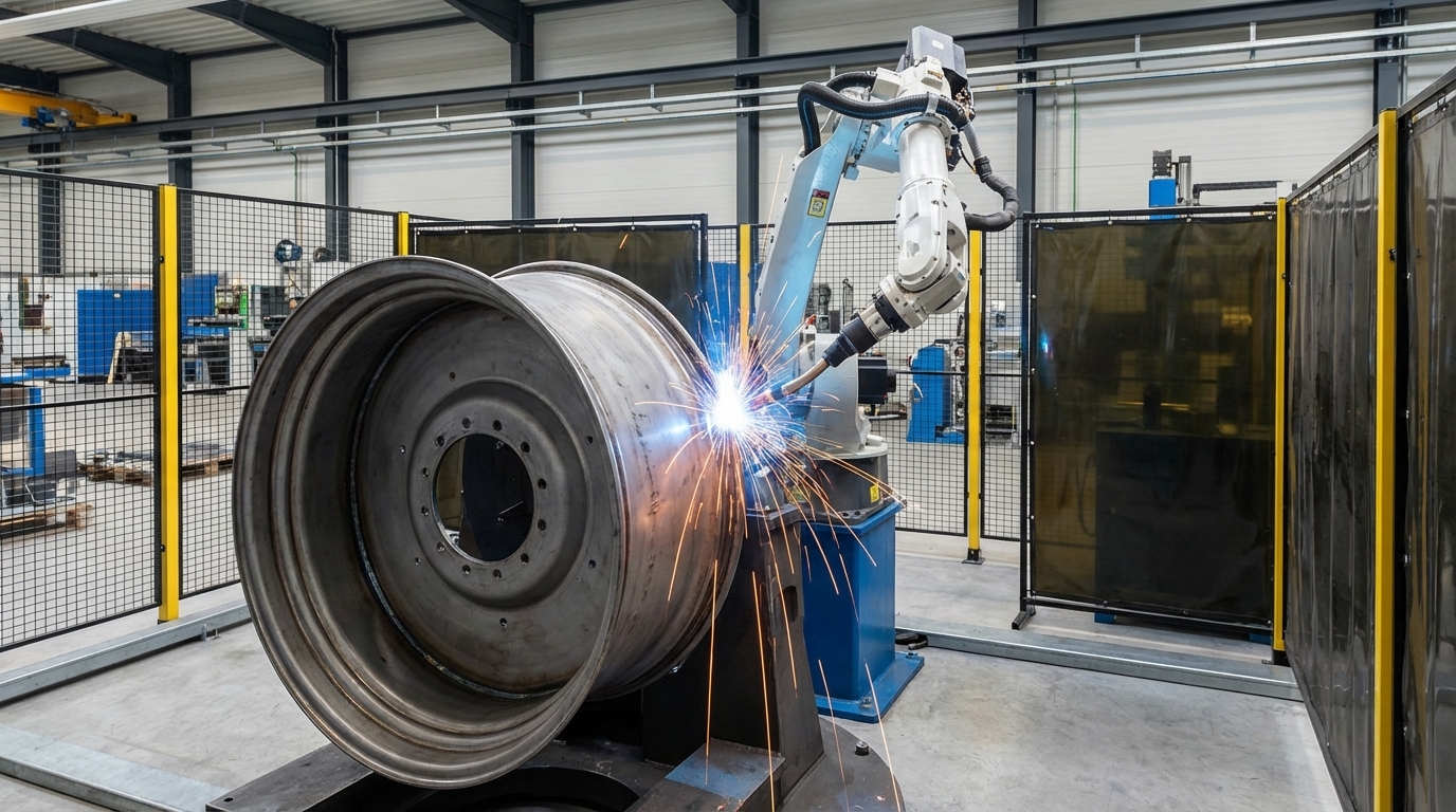 An automated robotic welding arm precisely welding an agricultural steel rim in a factory.