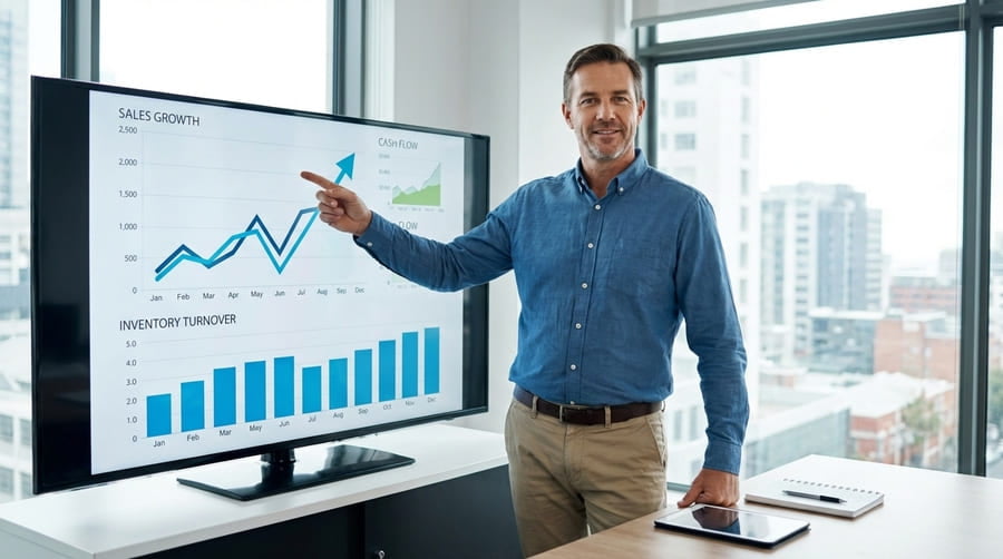 A business owner looking confidently at a chart showing positive growth and cash flow.