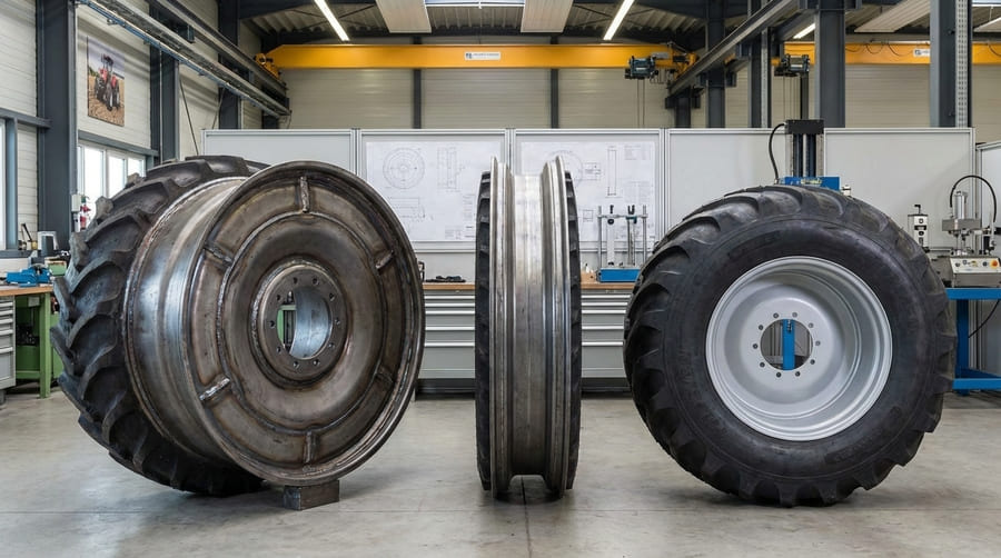 A custom rim undergoing a dynamic load and durability test in a specialized laboratory.