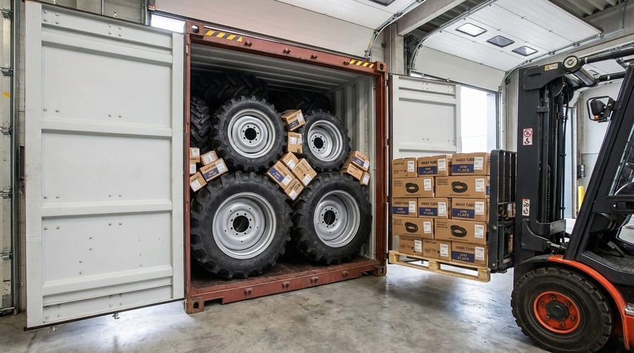 A shipping container being loaded, with smaller boxes of inner tubes and flaps filling the gaps between larger tires.