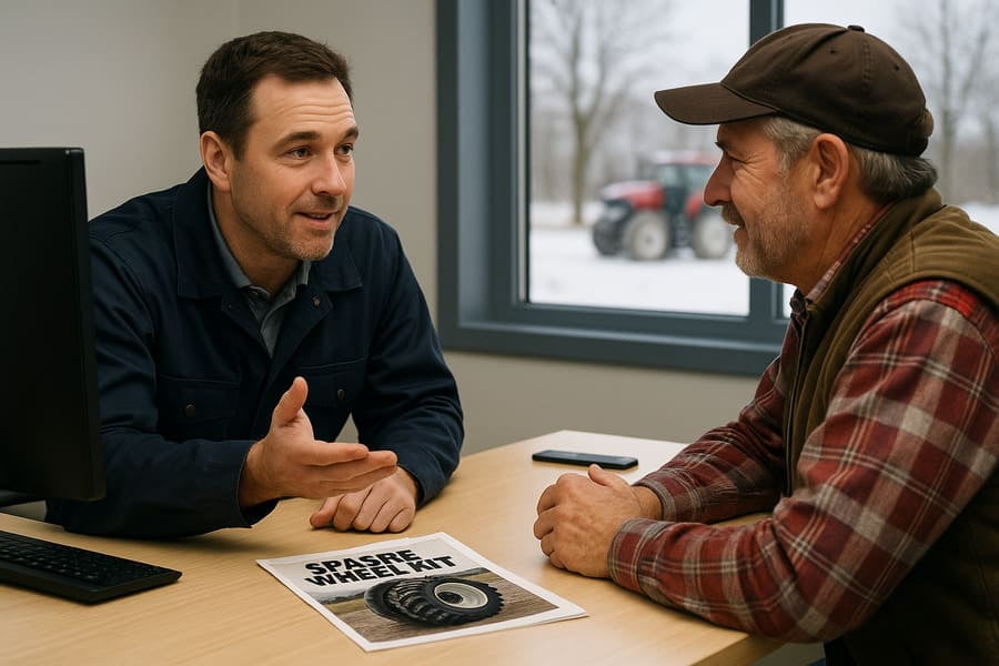 A dealer and a farmer talking in an office during the winter, planning for the upcoming season with a "Spare Wheel Kit" brochure on the desk.