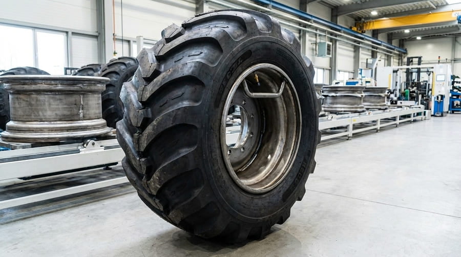 A complete, assembled forestry tire and reinforced rim, ready for installation on an OEM assembly line.